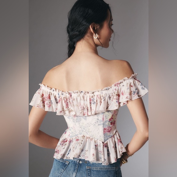 Anthropologie Off The Shoulder Mesh Top Ruffle Floral Print NWT - Picture 4 of 4